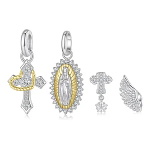 925 Sterling Silver Two tones Virgin Mary Pendant Cross Charms Guard Wings Beads for Loved Women DIY Bracelet Accessories