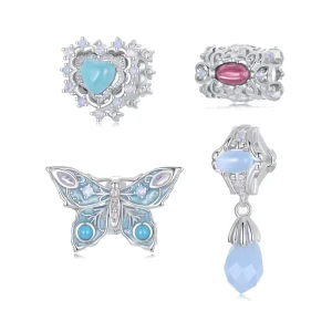 925 Sterling Silver Vintage Pattern Heart Beads Blue Enamel Butterfly Charms with Zircon DIY Bracelet Accessories for Women