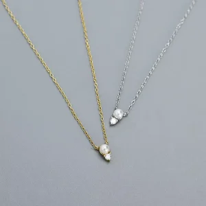 925 Sterling Silver White Gold Plated Dainty Necklace Simple Silver Pearl CZ Diamond Choker Necklaces