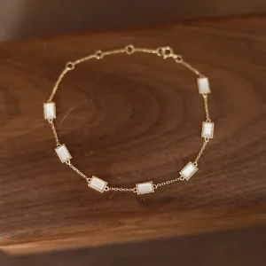 925 Sterling Silver White Rectangular Shell Bracelet Women 18K Gold Plated Dainty Chain Bracelet