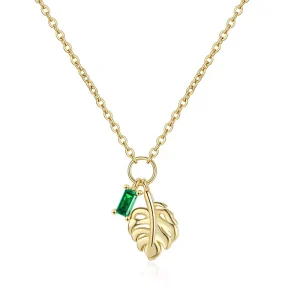 925 Sterling Silver Women Rectangle Emerald Cubic Zirconia Pendant Tropical Palm Leaf Necklace