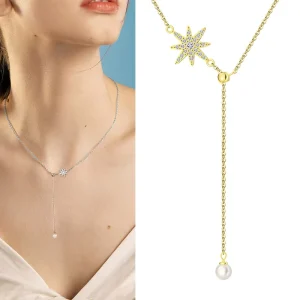 925 Sterling Silver Y-Shaped Necklaces Eight Pointed Star Ladies Necklace