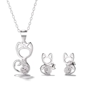 925 Sterling Silver with Cute Cat Jewelry Set