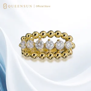 9K Solid Yellow Gold Double Row Beaded Lab Grown Diamond Band Floating Open Work Wide Eternity Ring Luxury Statement Jewelry