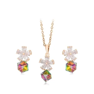 A00690106 Xuping Jewelry Fashion Flower Cube Crystal Set Diamond Earrings Necklace Valentine’s Day Set