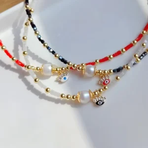 A1092 Fashion Beads Beaded Necklace Handmade Pearl Cz Crystal Eye Necklace Jewelry