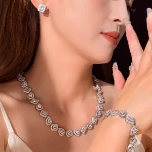 AAA Cubic Zirconia Tennis Bridal Set Heavy Statement Necklace for Wedding 18K Gold Plated Party Jewelry