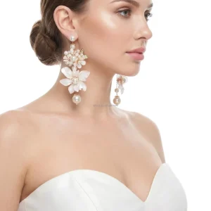 AE 602 Custom Luxury Handmade Silver Plated Pearlescent Artificial Liquid Ivory Flowers Wedding Earring Bridal