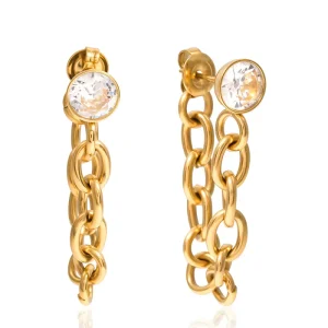 AF High End Stainless Steel PVD 18K Gold Plated Round CZ Bezel Tassel Chunky Chain Drop Dangle Earrings Trendy Fashion Jewelry