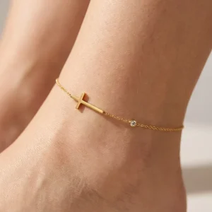 AG 14K Gold Plated Stainless Steel Anklet Cross Zircon Hypoallergenic Waterproof Fashion Jewelry for Anniversary Gift