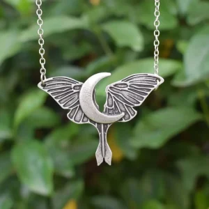 AL Alloy Gothic Halloween Crescent Moon & Moth Design Women’s Jewelry Necklace