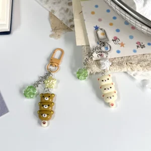 AM Cute Tanghulu Relaxed Bear Keychain Cartoon Bear Brother and Sister Phone Chain Couple and Bestie Accessories