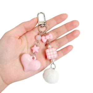 AM Factory Ins style Heart Keychain Girly Houndstooth Bag Charm Pompom Phone Strap