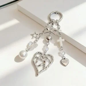 AM Fashion Bow Knot Beaded Bag Charm Versatile Hollow Heart Keychain Bag Pendant Pearl Phone Charm