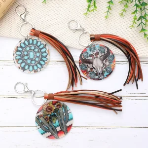AM New Round Acrylic Keychain Cactus Sunflower Bull Head Print Tassel Pendant Bag Accessory Charm