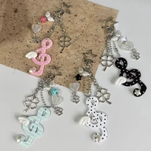 AM Vintage Polka Dot Stripe Musical Note Star Key Chain Bag Charm Accessory Creative Cute Hanging Ornament