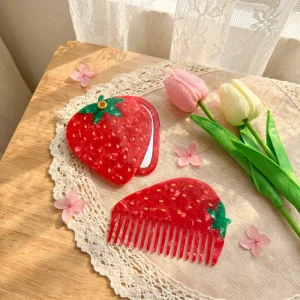 ANKO Strawberry Mirror Comb Set Acetate Cute Pocket Hair Comb for Women Girls Travel Makeup OEM Custom