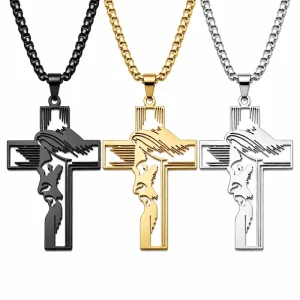 ARNAN Women’s Jesus Face Cross Necklace Stainless Steel Two Tone Silver Plated Christian Pendant Hypoallergenic Gift 316L
