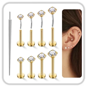 ASTM F136 6AI 4V ELI Titanium Push in Rod Labret Piercing Stud Ear Labret Cartilage Helix Rook Cubic Zirconia Piercing