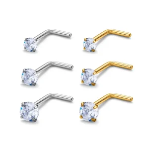 ASTM F136 Implant Grade Titanium White CZ Prong L Shape Nose Stud Zircon Fashion Body Piercing Jewelry