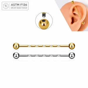ASTM F136 Titanium 14G Gold Industrial Barbell CZ Pave Cartilage Helix Scaffold Piercing Jewelry