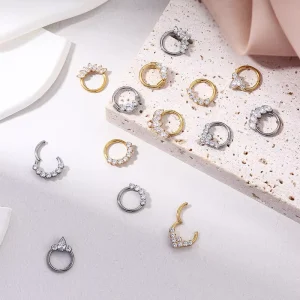 ASTM F136 Titanium 16G Hinged Segment Hoop Septum Nose Ring Daith Cartilage Earring CZ Zircon Hypoallergenic Jewelry