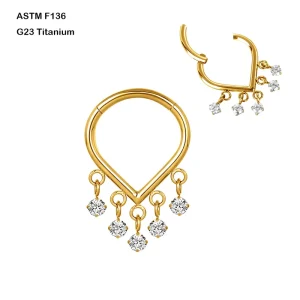 ASTM F136 Titanium 16g Teardrop Segment Hinged Nose Clicker With CZ Dangle Septum Ear Ring Fashion Piercing Jewelry