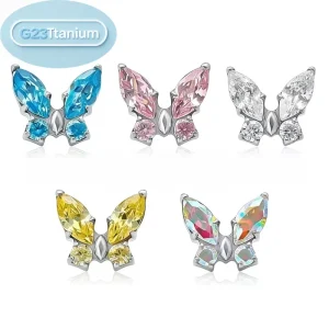ASTM F136 Titanium Alloy Body Piercing Jewelry Butterfly shaped Zircon Internally Threaded Ear Stud Multicolored Zircon