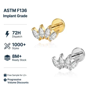 ASTM F136 Titanium Alloy Body Piercing Jewelry Gold Plated Crown Jewels Internally Threaded Fashion Ear Studs