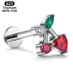 ASTM F136 Titanium Alloy Body Piercing Jewelry Multicolored Gemstone Cherry Ear Piercing Internally Threaded Ear Studs