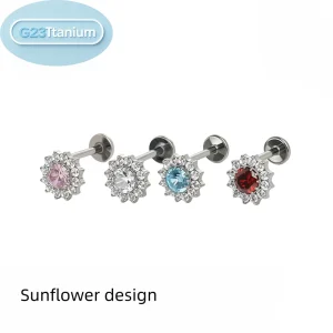 ASTM F136 Titanium Alloy Fashion Piercing Jewelry Sunflower Design Internally Threaded Ear Piercing Multicolored Zircon Style