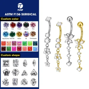 ASTM F136 Titanium Chain Dangling CZ Navel Ring Belly Button Ring Body Piercing Jewelry Internal Thread