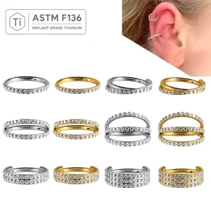 ASTM F136 Titanium Double Row CZ Hinged Clicker Nose Ring 16G Implant Grade Septum Cartilage Helix Hoop Wedding 18K Gold Plated