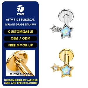 ASTM F136 Titanium Double Star Labret Stud Synthetic Opal Inlaid Internal Thread Lip Body Piercing Jewelry