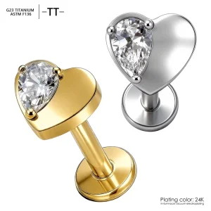 ASTM F136 Titanium Ear Studs Heart Shape Zircon Inlay Labret Piercing Earrings for Cartilage Lip Labret Jewelry for Gifts