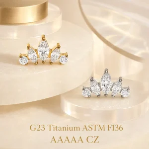 ASTM F136 Titanium Exthread 3 Horse-Eye 2-Round Zircon Piercing Earrings Nose Stud Piercing Jewelry Minimalist Fashion
