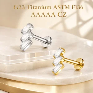 ASTM F136 Titanium Extthread Triple Square Zircon Piercing Earrings Nose Studs Piercing Jewelry Minimalist Fashion
