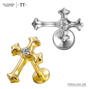 ASTM F136 Titanium G23 Fashion Cross Shape Titanium Alloy Ear Cartilage Ear Lip Tongue Studs Zircon Inlay Piercing Jewelry