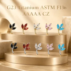 ASTM F136 Titanium Gold 16G Threaded Piercing Earrings Cartilage Studs 5 Marquise Maple Leaf Zircon Prong Set Fashion