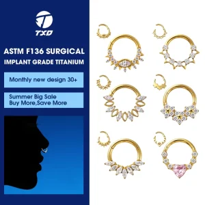 ASTM F136 Titanium Gold Plated Zircon Piercing Jewelry Nose Ring Hinge Clicker Ring Body Piercing Jewelry