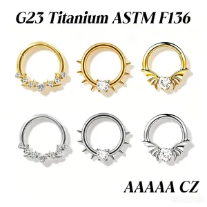 ASTM F136 Titanium Gold Plated Zircon Septum Piercing 16G Nose Rings Punk Gothic Clicker Fashion Wedding