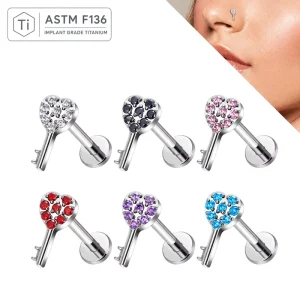 ASTM F136 Titanium Heart Key CZ Flat Back Labret Stud 16G Nose Ear Cartilage Piercing Jewelry OEM Custom