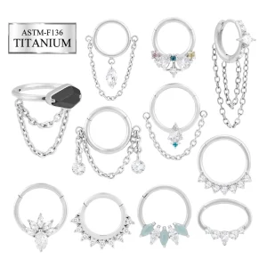 ASTM F136 Titanium Hinged Segment Clicker Septum Nose Ring Chain Dangle Coffin CZ Cartilage Ear Piercing Jewelry Third