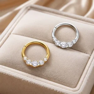 ASTM F136 Titanium Implant Grade Nose Ring with 5 Round Diamonds Zircon Septum Clicker Body Piercing Fashion Jewelry