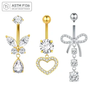 ASTM F136 Titanium Internal Thread CZ Butterfly Heart Bow Dangle Navel Ring Belly Button Body Jewelry