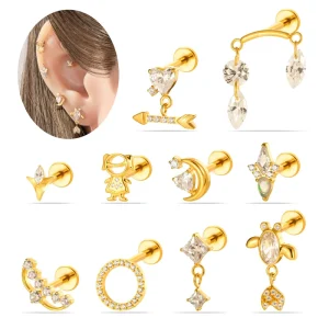 ASTM F136 Titanium Internally Thread Cartilage Labret Piercing Jewelry Bow and Arrow Heart Zircon Tragus Helix Earrings