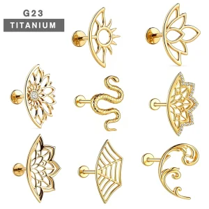 ASTM F136 Titanium Internally Threaded Gold Labret Lip Ring CZ Flat Back Body Piercing Jewelry
