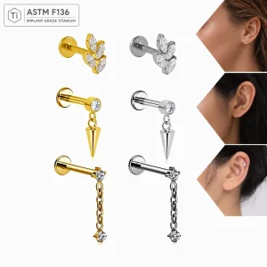 ASTM F136 Titanium Labret Lip Stud Nose Stud Helix Earring Zircon Pendant Flat Back Piercing Jewelry Heart Shape Punk