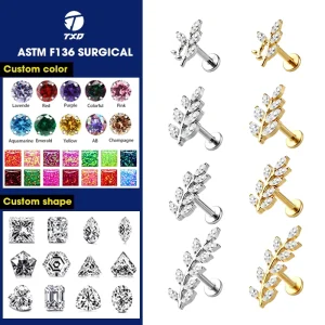 ASTM F136 Titanium Leaf Marquise Zircon Internally Threaded Lip Stud Body Piercing Jewelry Labret