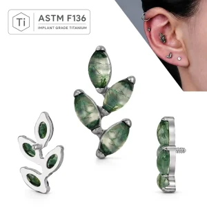 ASTM F136 Titanium Moss Agate Four Leaf Clover Ear Cartilage Helix Lip Labret Stud Unisex Piercing Implant Grade Jewelry